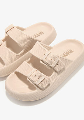 Beige Double Buckle Slides