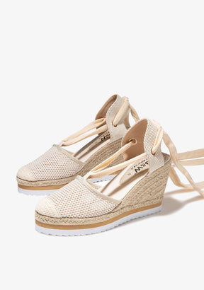Beige Bow Wedge Espadrilles