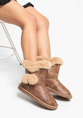 Camel Pompon Fur Australian Boots Nappa