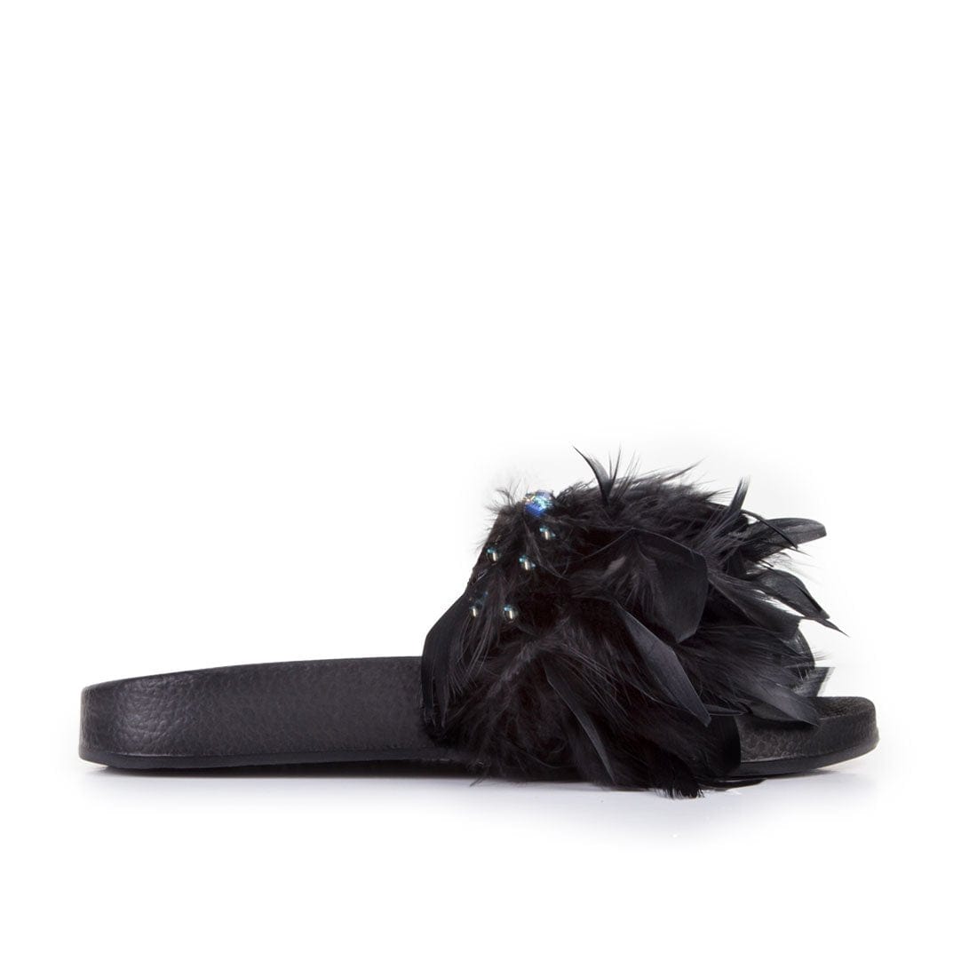 Feathers Crystals Flat Slide Sandals Black