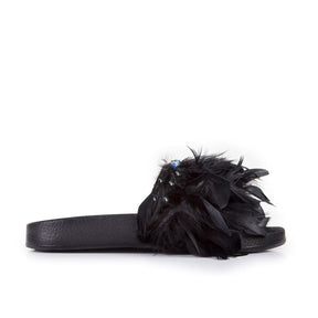 Feathers Crystals Flat Slide Sandals Black