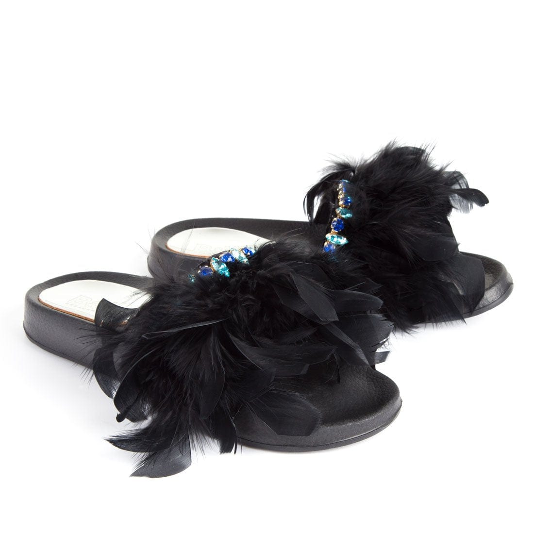Feathers Crystals Flat Slide Sandals Black