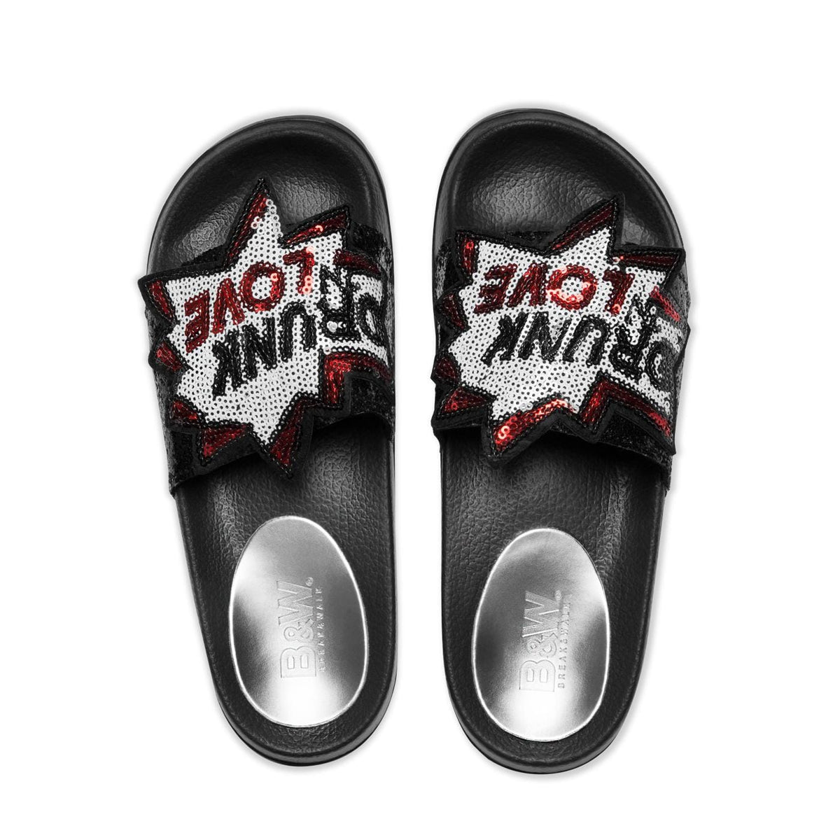 Sequins Flat Slide Sandals Black